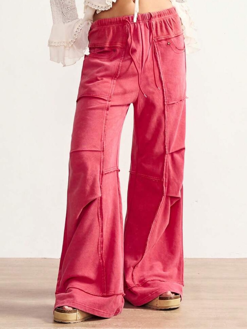 Wide-Leg Drawstring Boho Pants - Rose Red - Picture 5 of 11